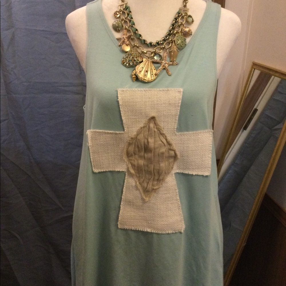 NWOT lost petal linens mint green sleeveless tank with tan cross size large